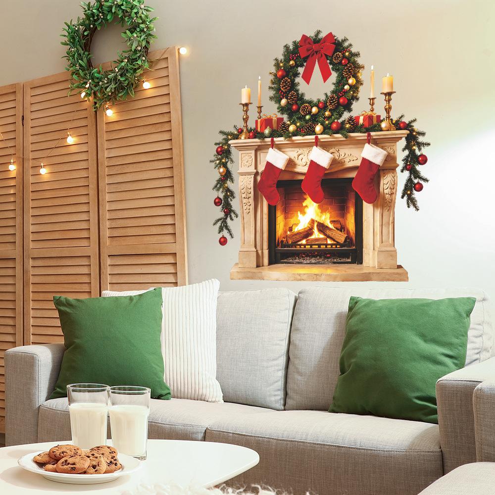 Christmas 3D Simulation Fireplace, Christmas Socks, Bedroom, Living Room, Entrance Hall Decoration Wall Stickers