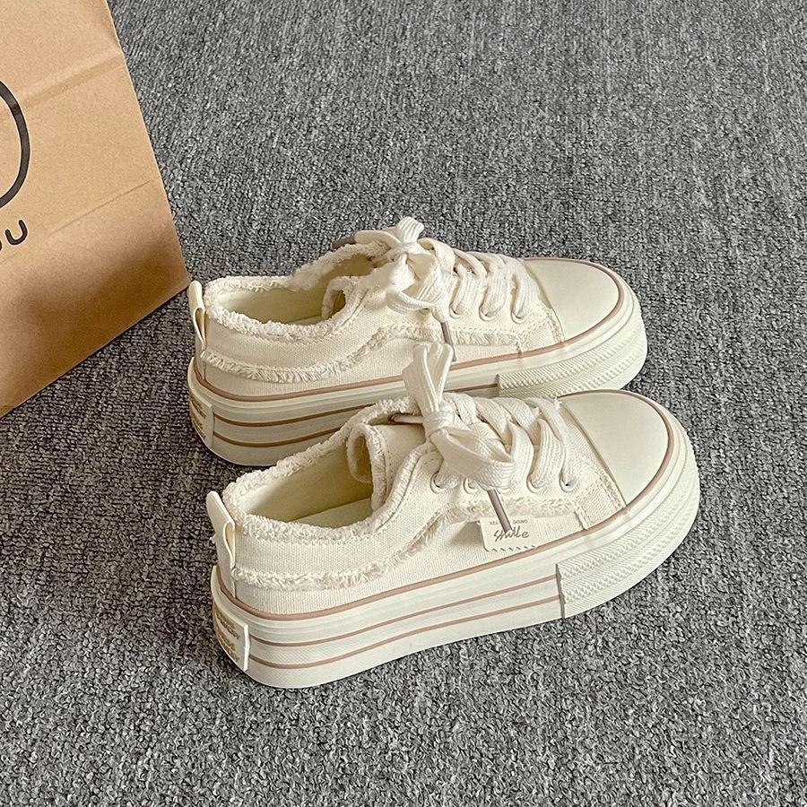 

KMD Women s Frayed Edge Canvas Platform Slip-On Shoes, Beige - Thick Soft Sole for Comfort 35