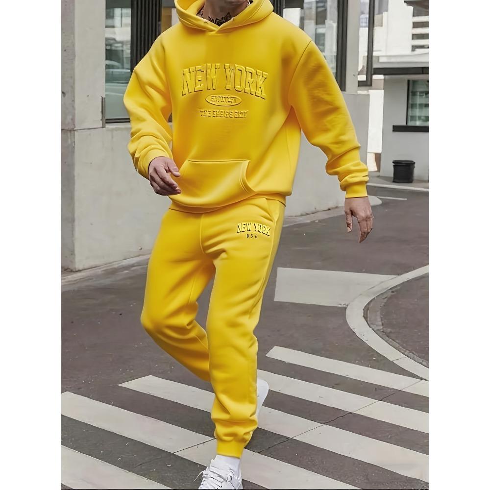 Men's Autumn and Winter Casual Fashion Two-piece Set, Hooded Long Sleeved Sweatshirt and Pants with New York Embossed Print