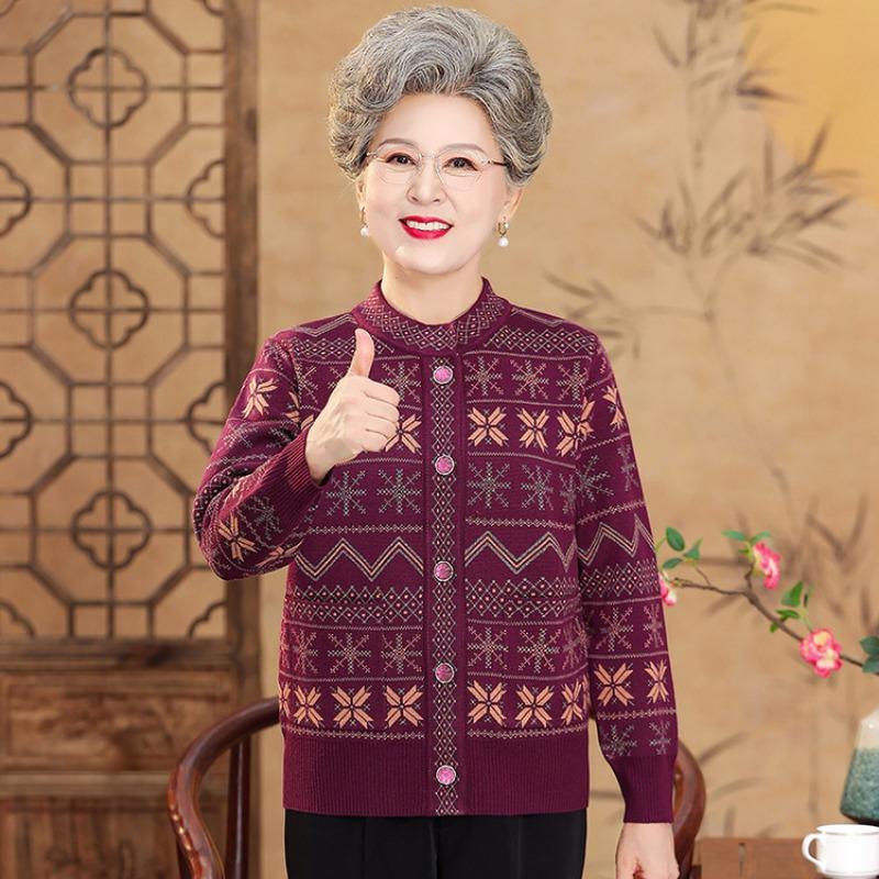 Mom Autumn Winter Jacket Old Man Autumn Clothing Knitted Cardigan Female Grandma Sweater Old Woman Age 0 Loose Top