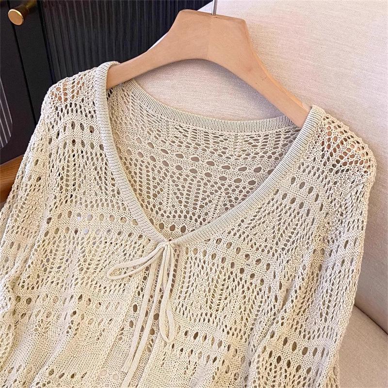 Jarně-letní háčkovaný lněný kardigan šál se zavazováním vpředu - Dámský svrchní oděv s ochranou proti slunci