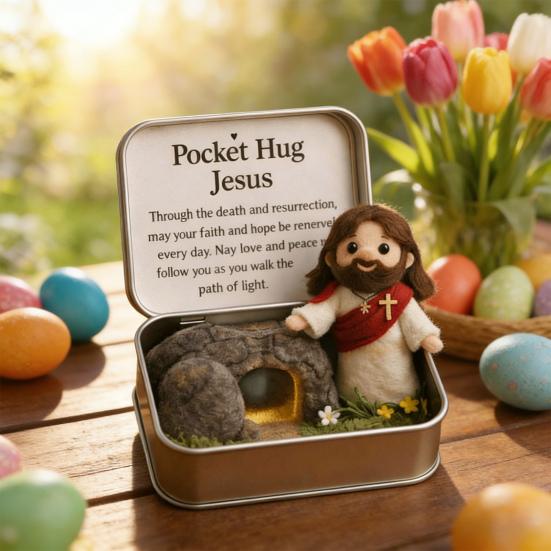 Boîte Hug de Poche de Pâques Figurine Jésus/Lapin/Mouton/Poussin/Papillon/Pierre en Feutre dans Boîte avec Carte Remplisseurs de Panier de Pâques Cadeau Inspirant pour Femmes