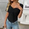 Women's Fashion Solid Color V Neck Pleated Drawstring Sexy Short Sleeved Top