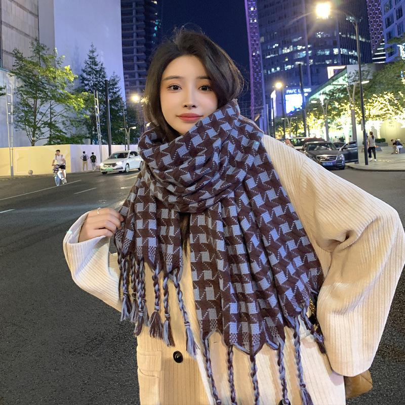 Autumn and Winter Warm Imitation Cashmere Scarf for Women New Houndstooth Braided Tassel Shawl Versatile Student Couple Scarf