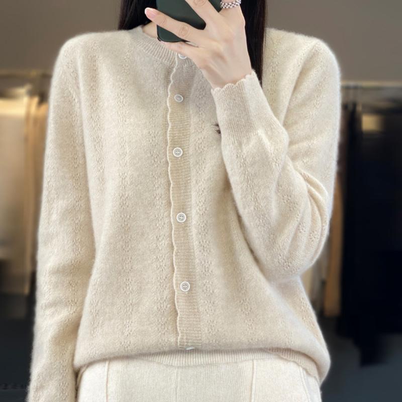 New Round Neck Hollow Wool Cardigan for Autumn and Winter for Women, Loose and Fashionable Cashmere Sweater Soft and Glutinous Skin-friendly Top