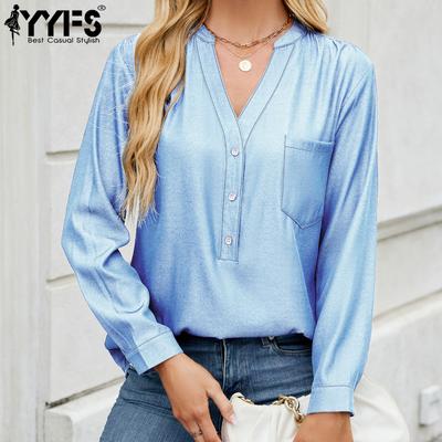 Women's Fashion Casual Spring Autumn Solid Color Print Long Sleeve V-Neck Blouses & Shirts