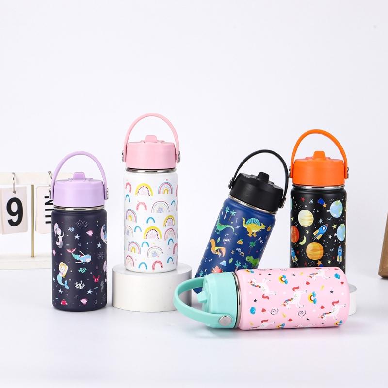 Wide Mouth Thermal Stainless Steel Water Cup Cartoon Handle Straw Tumblers Water Bottle for Outdoors