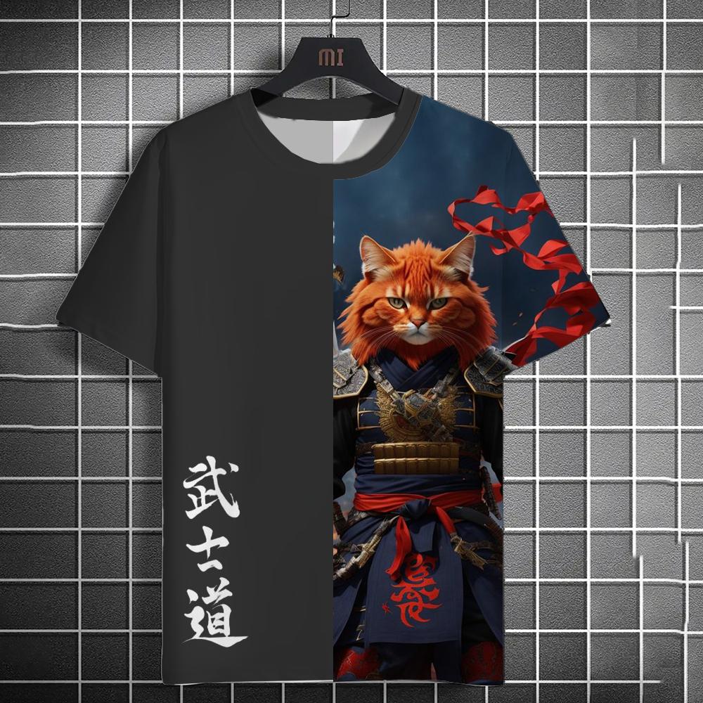 Bushido Animal Cat Samurai Print Men's T-shirt Summer Short Sleeve T-shirt Men's Retro Men's Tops Casual Men's Loose T-shirt