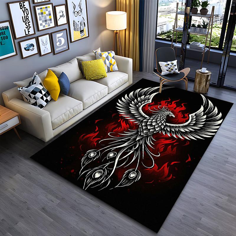 Area Rug, Phoenix Bird Red Flame White Tattoo Black Background Print, Living Room Decor, Non-Slip Mat