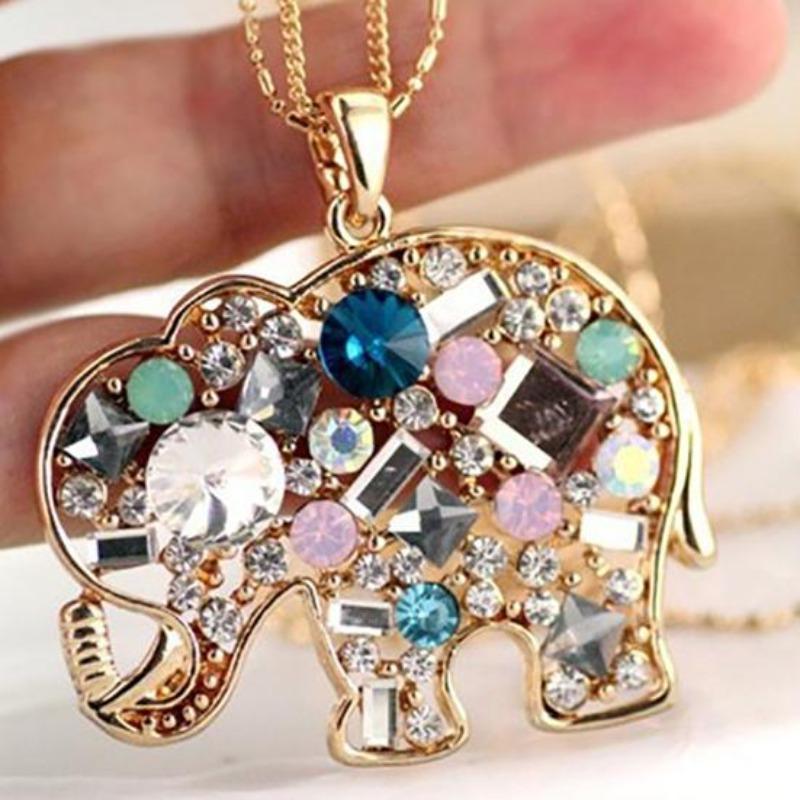 Multicolor Rhinestone Elephant Necklace Long Chain Party Jewelry Sweater Decor