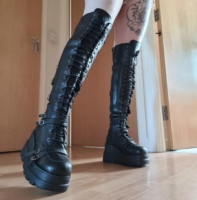 Women'S Thigh High Boots Black Punk Gothic Woman Sexy Long Boots Large Size Women Platform Shoes Leather Knight Boots Wedges