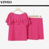 VONDA Summer Sets Women Short Sleeve Ruffled Tops and Mini Skirts Suits Outfits