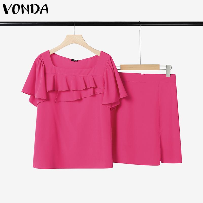 VONDA Summer Sets Women Short Sleeve Ruffled Tops and Mini Skirts Suits Outfits