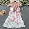 Spring Summer Fashion Vintage Flower Maxi Dress Women's Stand Collar Long Lantern Sleeve Single Breasted Floral Print Belt Slim Boho Dress