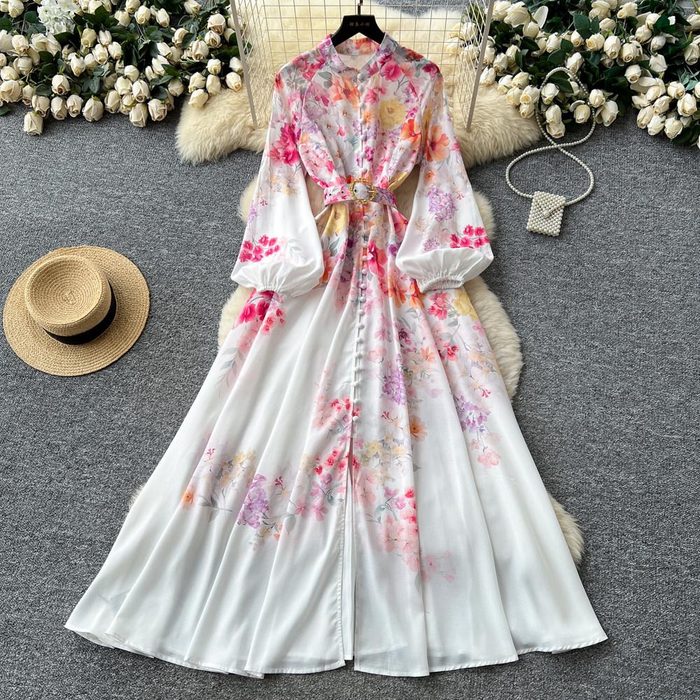 Spring Summer Fashion Vintage Flower Maxi Dress Women's Stand Collar Long Lantern Sleeve Single Breasted Floral Print Belt Slim Boho Dress