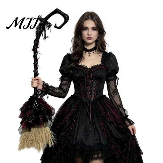 Party Atmosphere Decoration Halloween Witch Broom, Black Tulle Cosplay Costume, Gothic Plastic Broomstick Rose Skeleton Hand for Party, Home