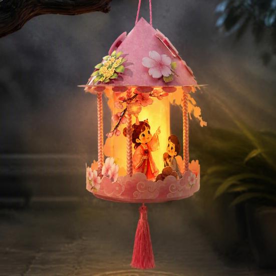 Traditional Palace Lantern Toy Chinese DIY Kit for Mid Autumn, Festival Handheld Glowing Autumn Decoration Paper Lamp with LED Light &