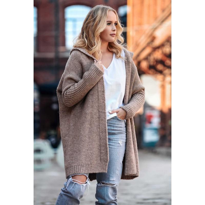 Pull en tricot à capuche chauve-souris surdimensionné pour femme 2026 Mélange d'acrylique doux Chic décontracté Tenue de bureau Longueur moyenne Ouverture sur le devant