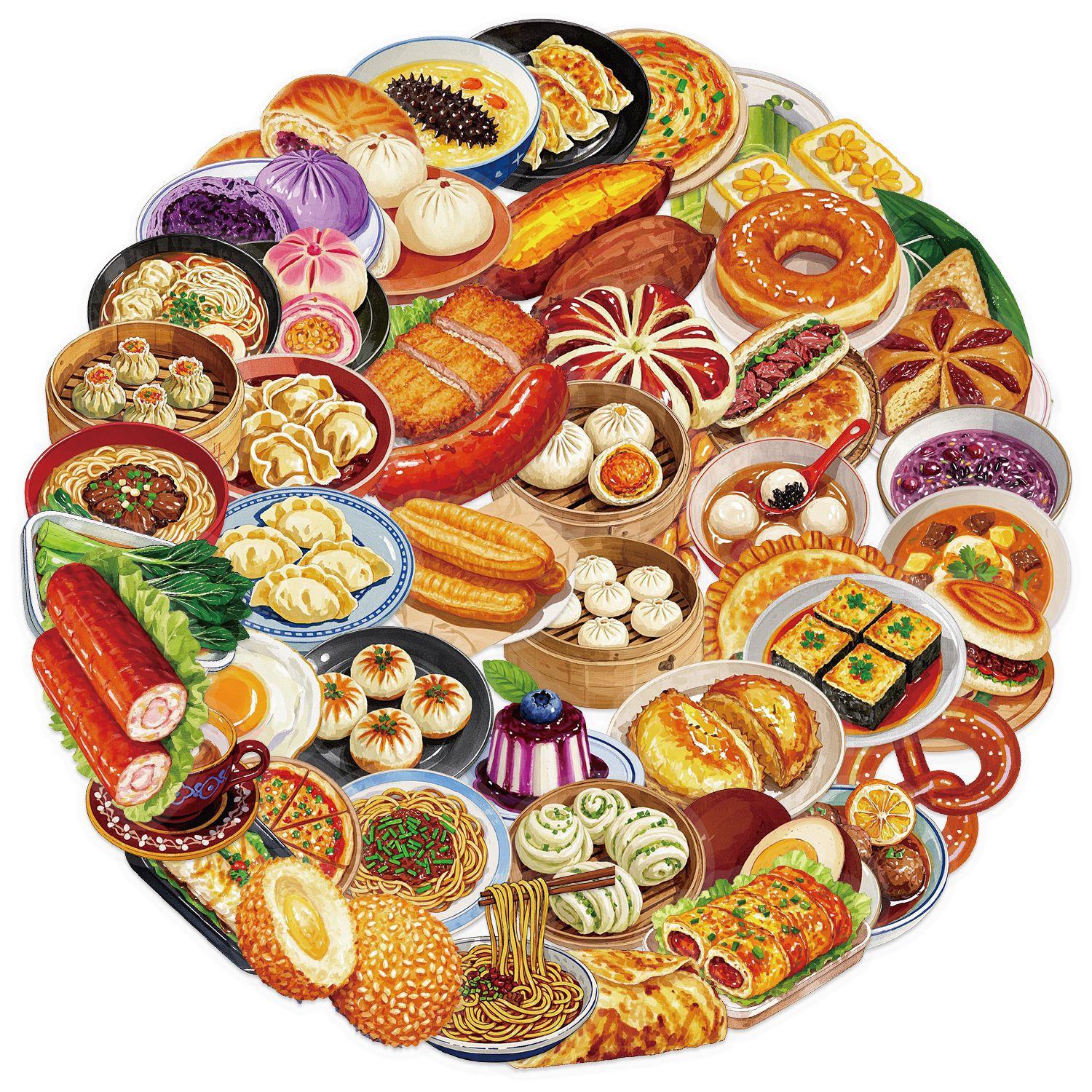 

50Pcs Transparent Chinese Food PET Stickers Decorative Refrigerator Oven Mobile Phone Luggage Waterproof Funny Toy Stickers