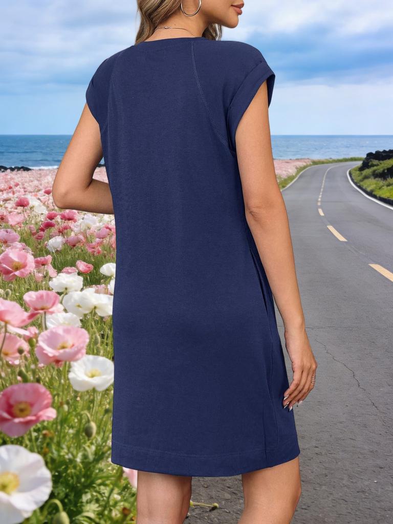 Womens Shift T Shirt Dress Crew Neck Cap Sleeve Loose Mini Summer Dress