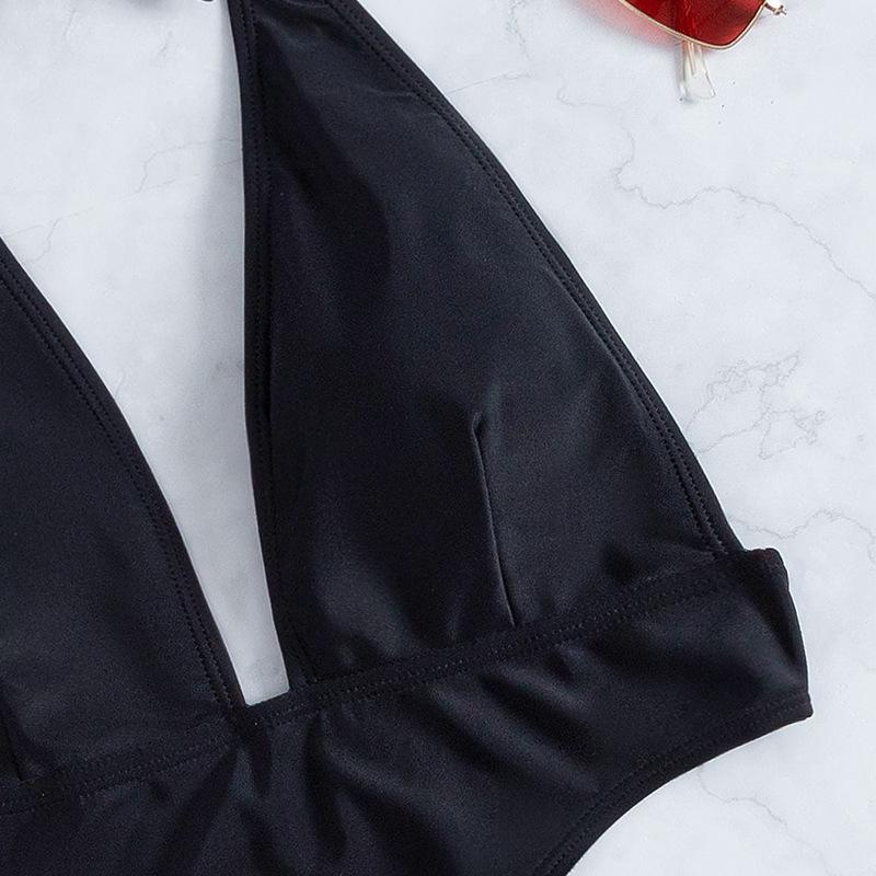 TS JYL-BK028 Solid Halter Bikini, One-Piece Alluring Swimwear For Beach & Pool