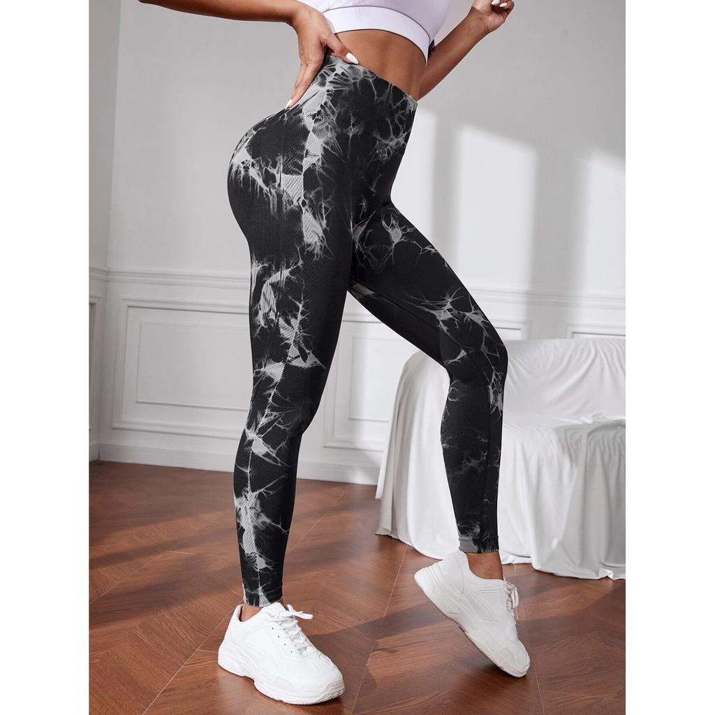 Seamless Tie Dye High Waist Leggings - Black M - Polyester/Spandex - Shaping & Push-Up Effect - Fitness Activewear