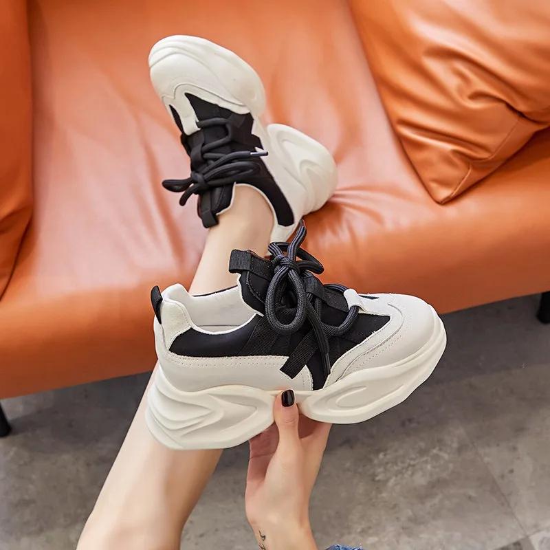 Fashion 8CM New Genuine Leather Women Summer Hollow Air Mesh Platform Wedge Chunky Sneakers Autumn Spring Fashion Lace-up Casual Shoes