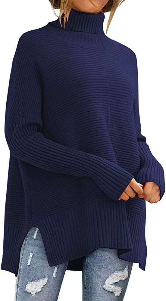 Women s High-neck Sweater With Long Sleeves And Loose Fashionable Pullover Knitwear L тёмно-синий 2330₽