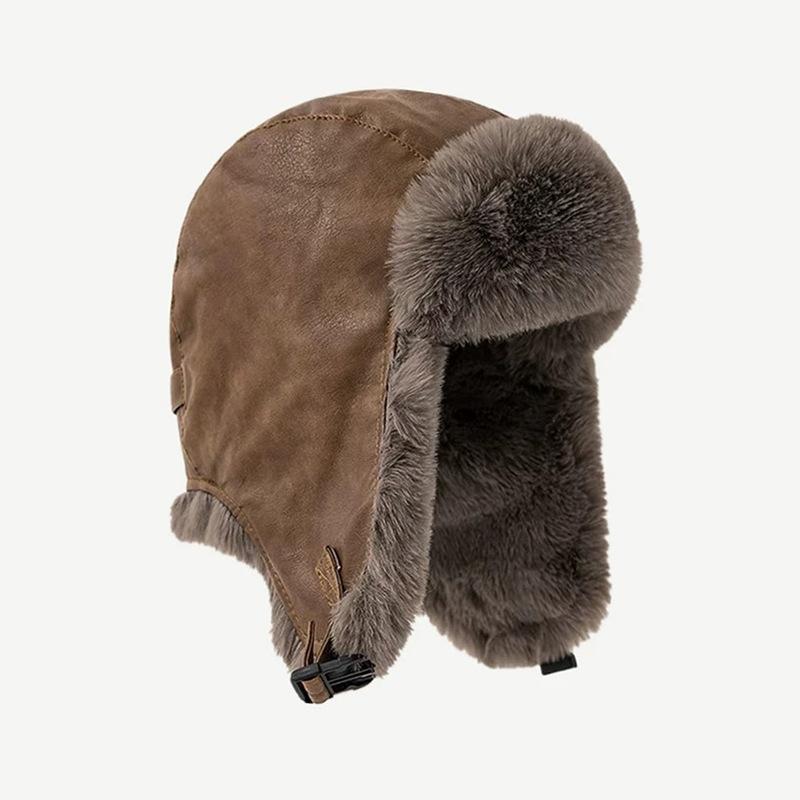 Lei Feng Hat Women's Autumn and Winter Thickened Warm PU Leather Plush Hat Outdoor Skiing Cold Ear Protection Hat Flying Hat