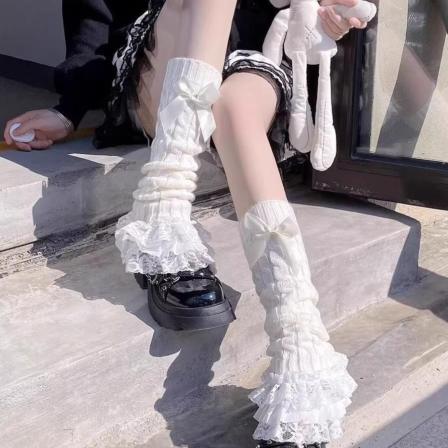 White Hairball Socks Cover Women'S Japanese Jk Leg Cover Lolita Bow Y2K Subculture Modified Leg Stacking Socks