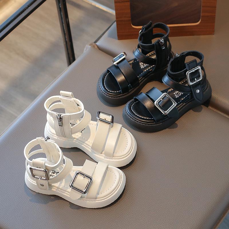 High Top Girls Roman Sandals Summer New British Style Fashion Princess Sandal with Hardware Vacation Children Beach Shoes I05239
