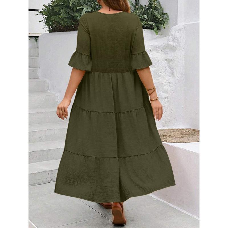 

DAFIFY Женская мода лето весна однотонный принт с коротким рукавом и v-образным вырезом свободная талия повседневные платья XXXXXL армия зеленый