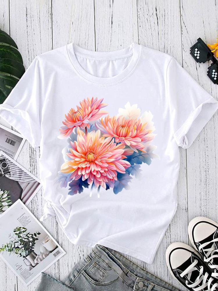 (Asian Size) sweet watercolor style  Short Sleeve T shirt Printed T-shirts O-neck Casual Clothing Fashion Female Women's Top  Graphic Tee