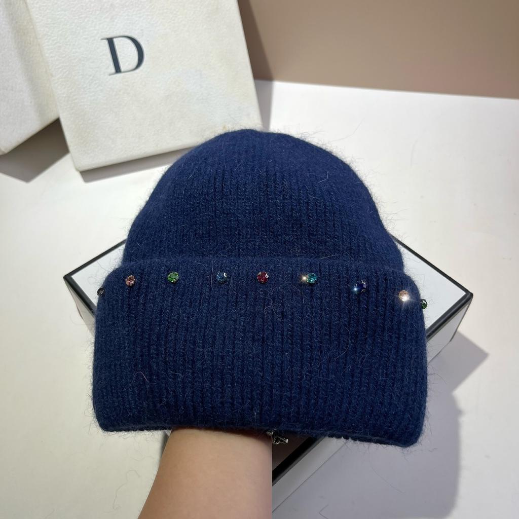 Russian Winter Warm Rabbit Hair Knitted Hat Celebrity Light Luxury Small Diamond Double Fold Wool Hat Women'S Outdoor Windproof