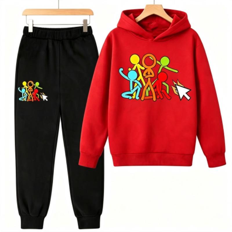 Creative Character Actions Print Kids Pullovers Pants 2-piece Set Street Casual Fashion Hoodies Vintage Boy's Girl Clothes