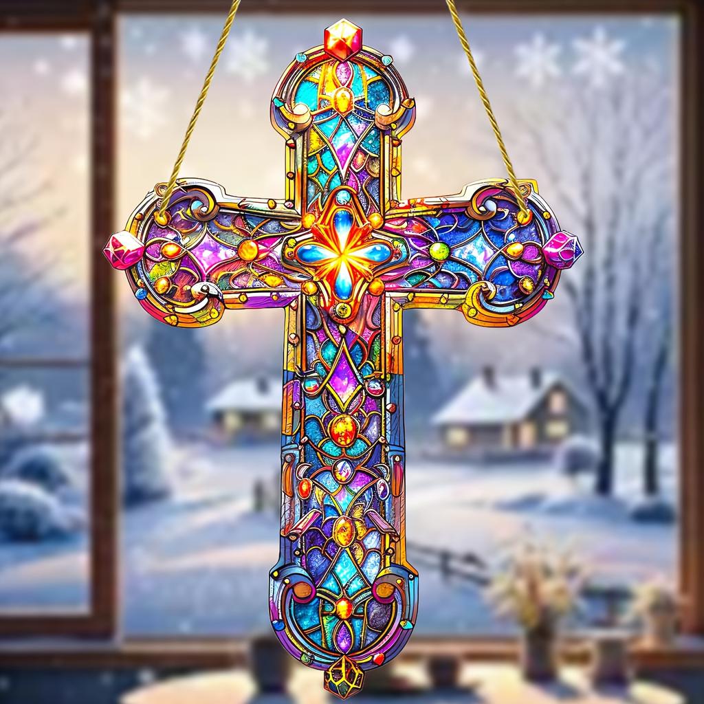 1pcs colored glass style pendant - cross. Garden decoration, religious gifts, Christian decoration