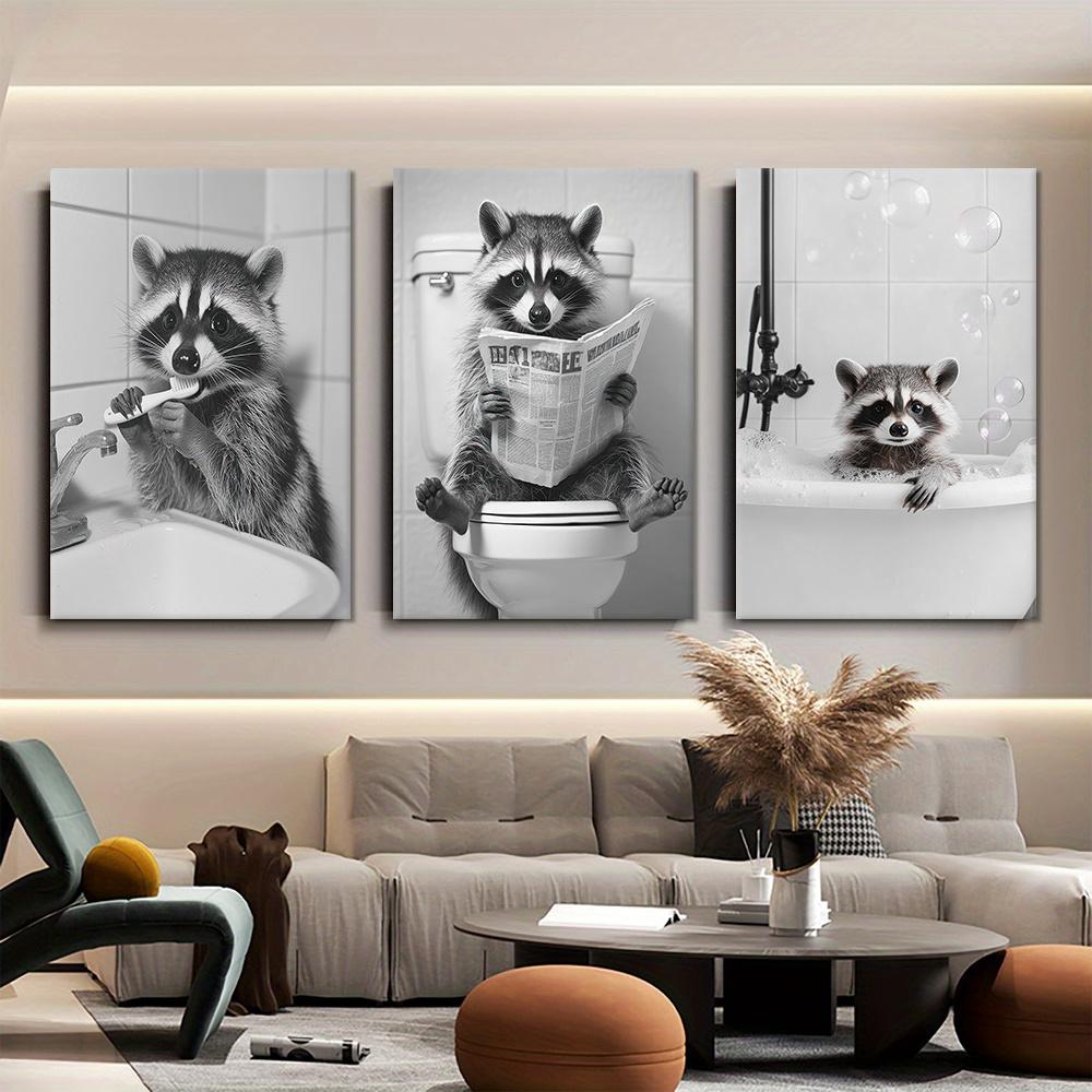 Set di 3 pezzi di adorabile pittura decorativa su tela senza cornice con denti di procione, appendi da bagno moderno minimalista bianco e nero