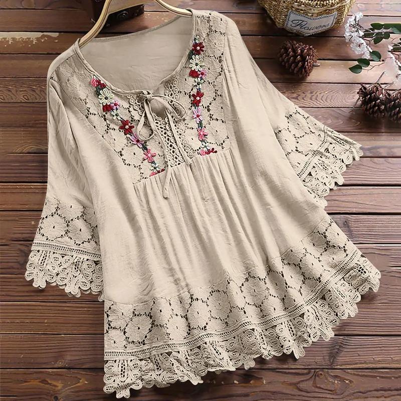 Summer Women Casual Solid Shirt Linen Stitching Lace Flower V-neck Loose Blouse Elegant Holiday Shirts