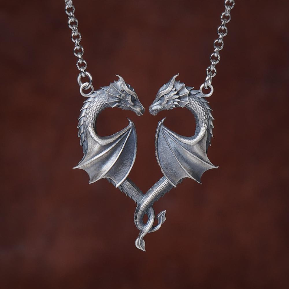 Retro Personality Two Flying Dragon Entwined Heart Shape Pendant Necklace for Women Men Couple Symbolizing Love Jewelry Gifts