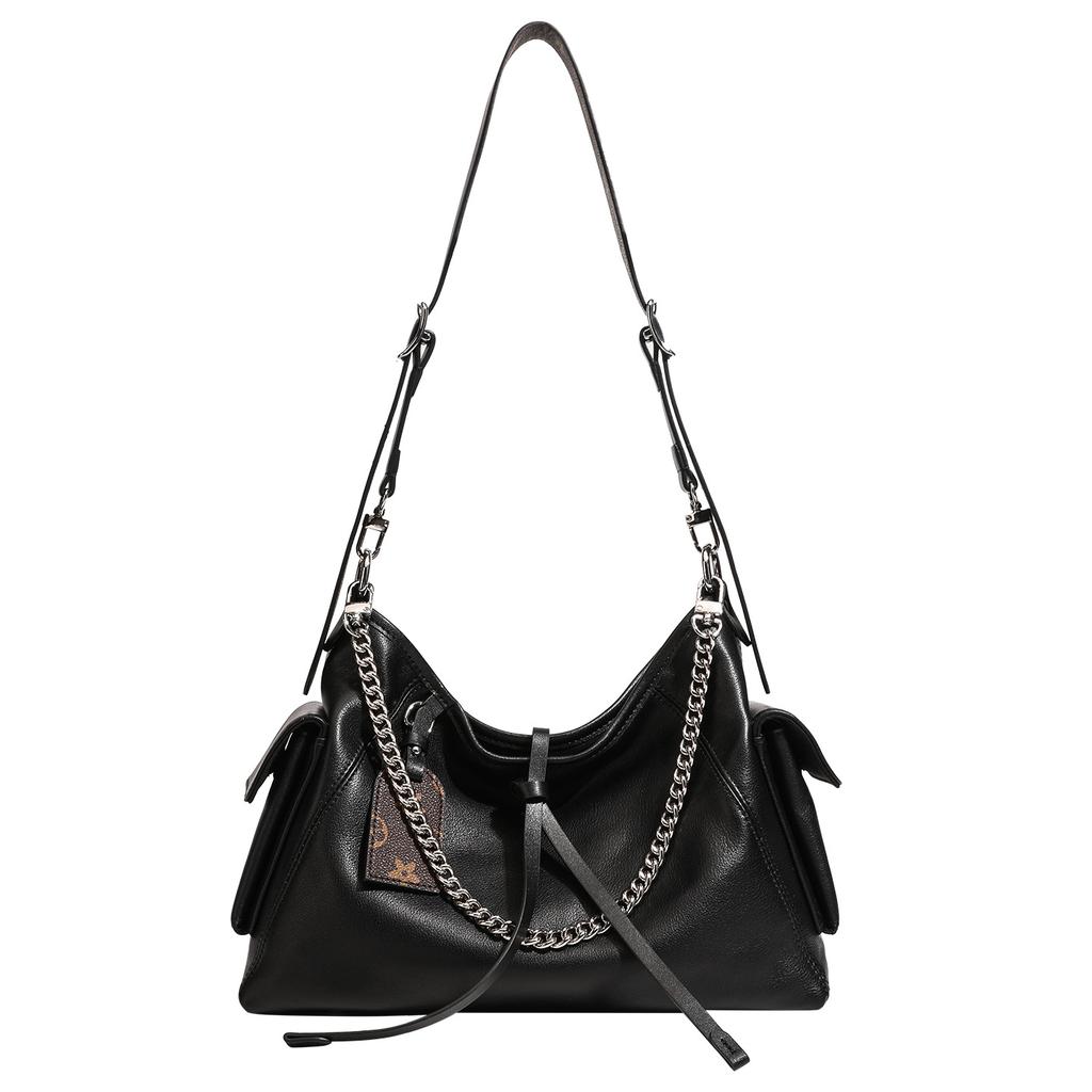 Head Layer Cowhide Leather Mailman Tote Bag, Large Capacity Chain Commuting Bag, Black Warrior High-end Single Shoulder Crossbody Bag