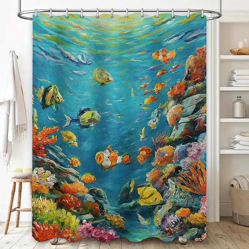 Cena Subaquática Colorida Artística Moderna Cortina de Chuveiro Impermeável Para Decoração de Banheiro Estilosa, Fácil Instalação