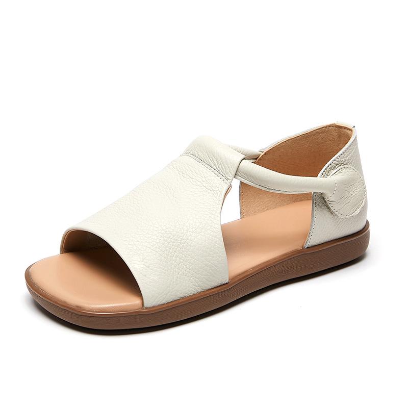 Sandale Plate de Damă Retro Handmade din Piele de Vacă - Confortabile cu Velcro și Vârf Deschis pentru Vară