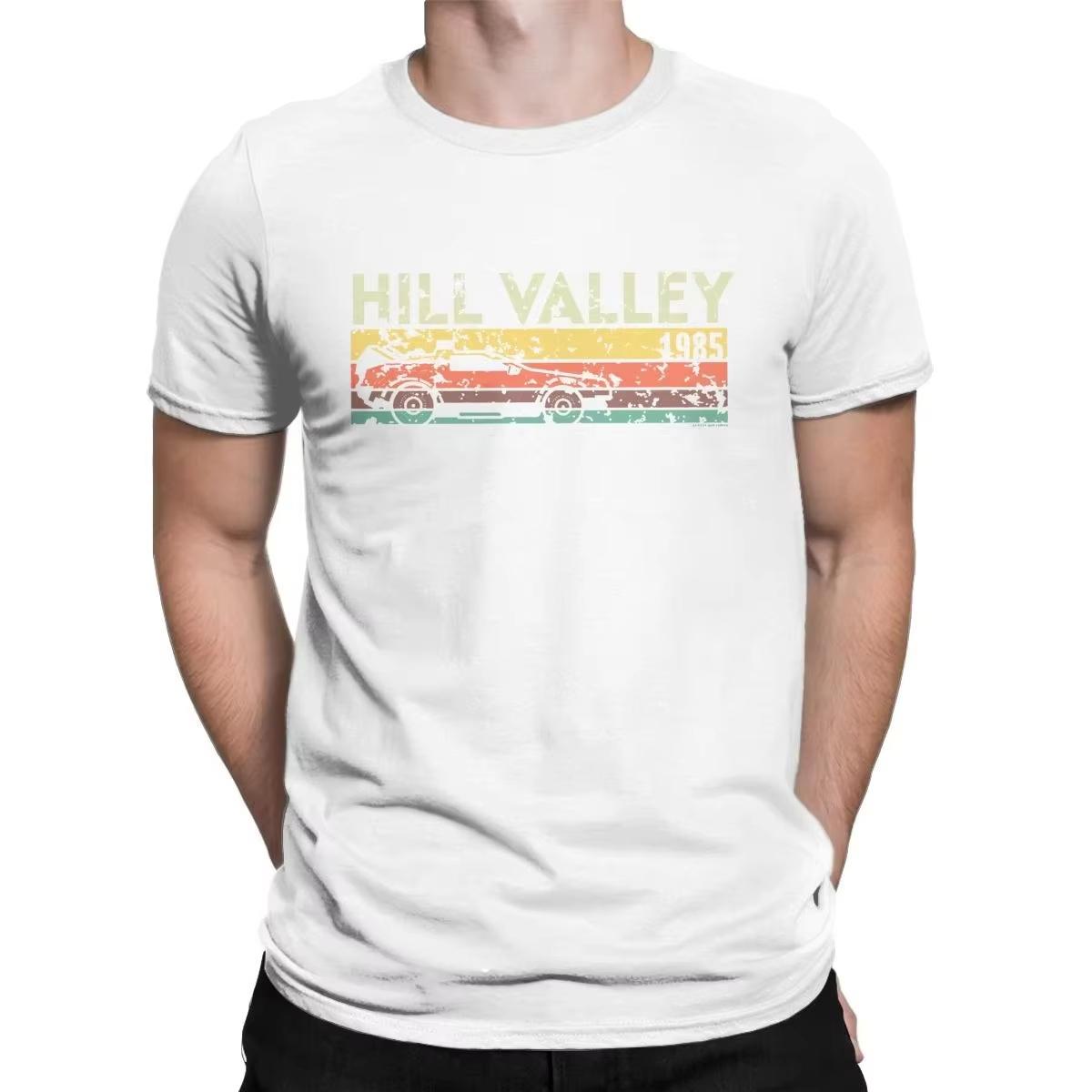 

Summer Hill Valley 1985 Tee Shirt Men Back To The Future Tops T Shirts Doc Brown Marty Delorean Time Travel Movie BTTF Tees S