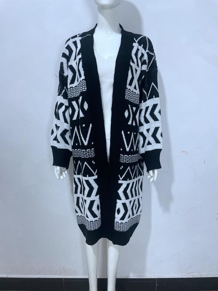 Damen Jacquard Strick V-Ausschnitt Locker Geometrischer Pullover Strickjacke - Herbst/Winter