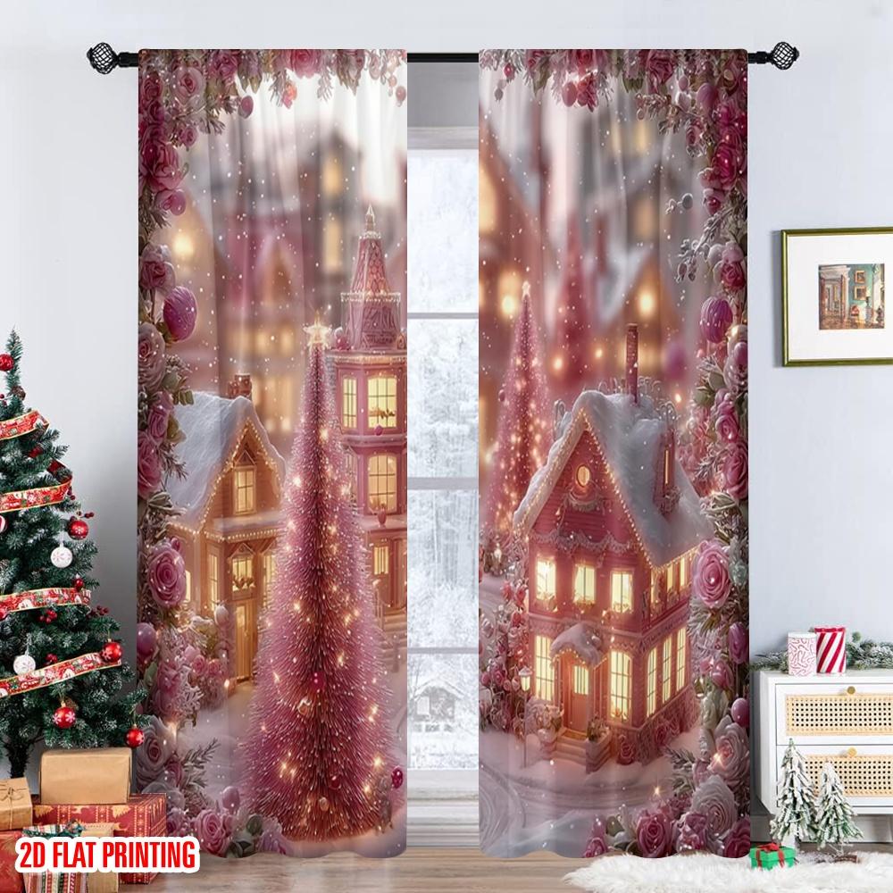2pcs 2D flat printing Merry Christmas Curtains Snowflake house ball pink Digital Printed Polyester Drapes Birthday Party for