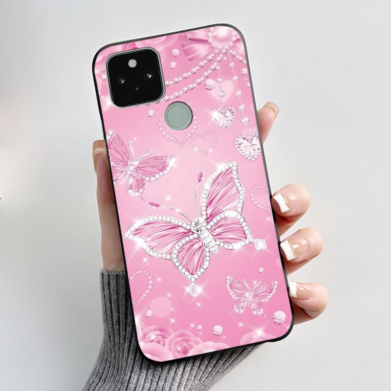 Silikonhülle für Google Pixel 5 Pixel 5A Pixel5 Pixel5A Weiche Abdeckung Luxus Mode Schmetterlingsblumen Bemalt Schwarz Handyhülle