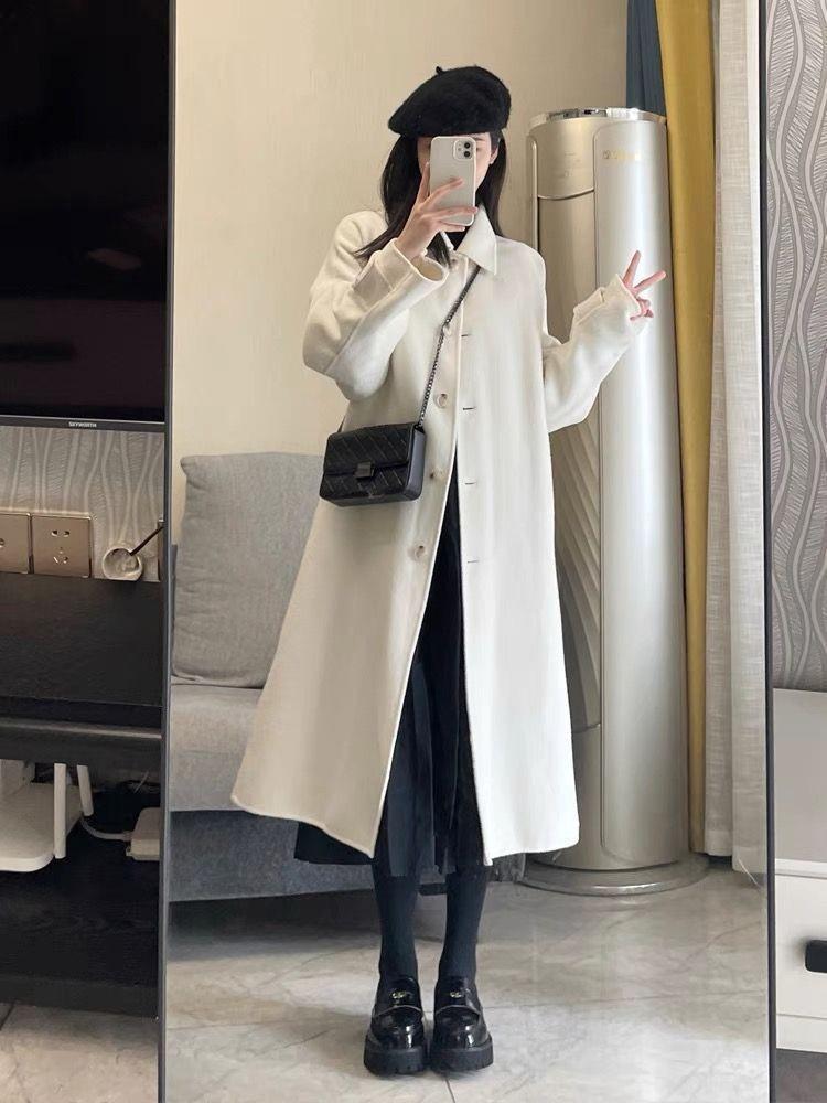 Hepburn Style Women's Woolen Lapel Coat - Long Sleeve, Loose Fit, Mid-Length, Winter Fashion