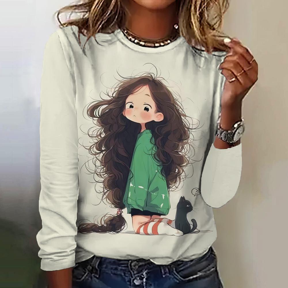 Women's T-Shirt Top Long Sleeved Pullover Fashion Little Girl Print Street Round-Neck Tee Shirt Female Everyday Loose Clothing