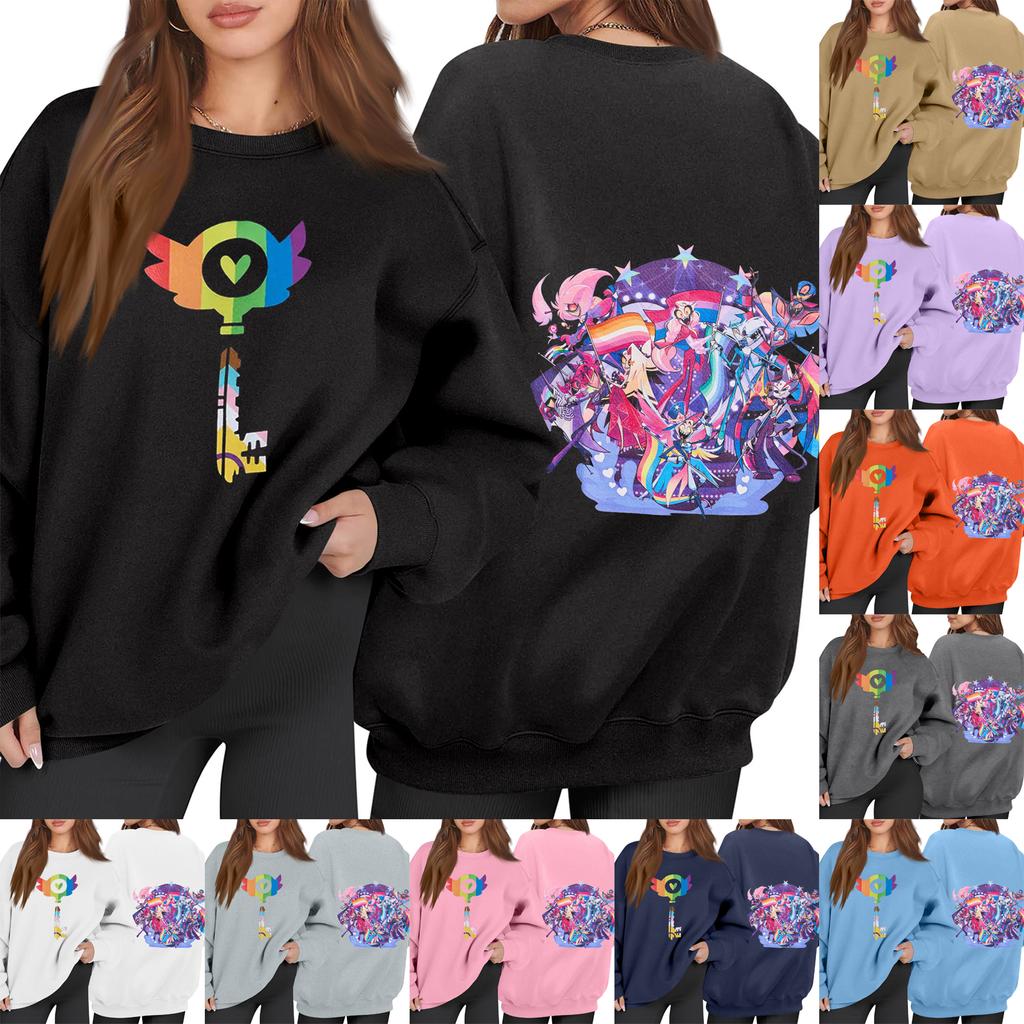 Women's Fashion Long Sleeve Print Round Neck Loose Pullover Sweater Top