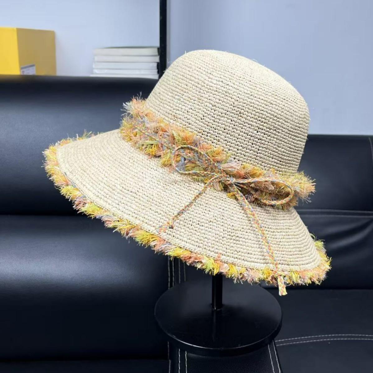 

Japanese bucket hat handmade raffia rainbow edge UV protection sun hat dome basin hat vacation beach straw hat M（55-58cm）